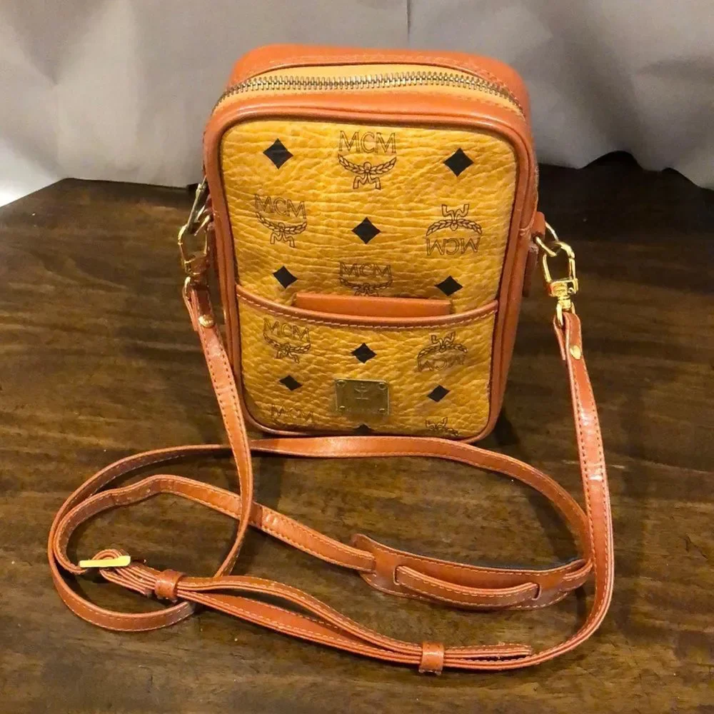 MCM Visetos Cognac Monogram Camera Messenger Bag Leather Lined Mirror EUC RARE